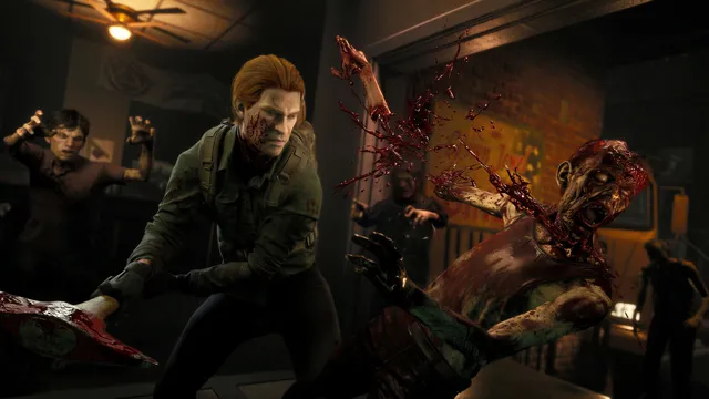 No More Room in Hell 2 screenshot: a wounded survivor fights off a bloodied zombie in a dark bar as more of the dead close in