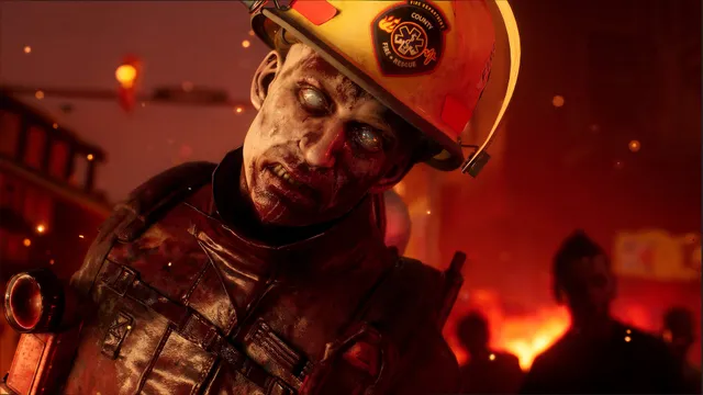 No More Room in Hell 2 screenshot: a zombie firefighter with white eyes in a burning street