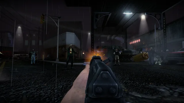 No More Room in Hell: firing a pistol at zombies on a rainy city street at night, a spent shell flying