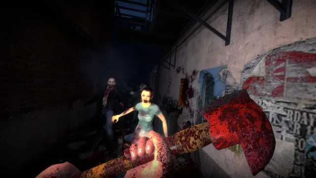 No More Room in Hell: a first-person view gripping a bloodied fire axe as zombies shamble toward you down a dark alley