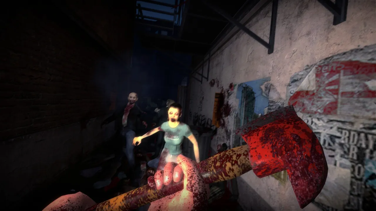 No More Room in Hell: a first-person view gripping a bloodied fire axe as zombies shamble toward you down a dark alley