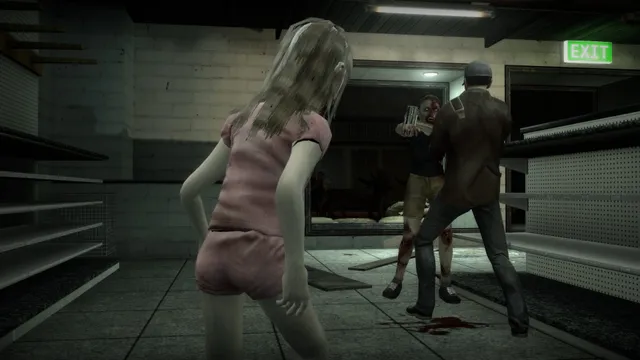 No More Room in Hell: zombies including a girl in pink attack a survivor among empty shelves by an exit sign