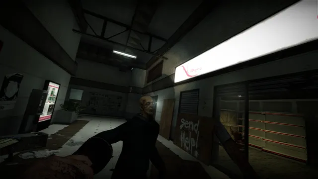 No More Room in Hell: a zombie lunges in a looted shopping mall with Send Help spray-painted on a shutter