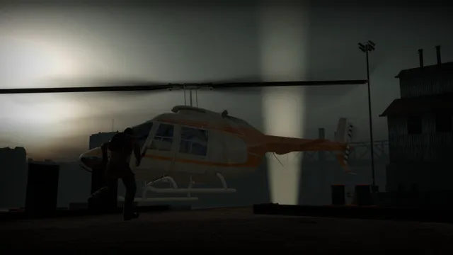 No More Room in Hell: a zombie silhouetted by a rescue helicopter on a rooftop at dusk