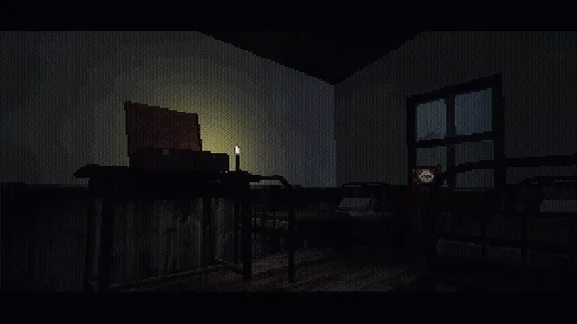 A dim room in the keeper's house with a single candle on a table and a window