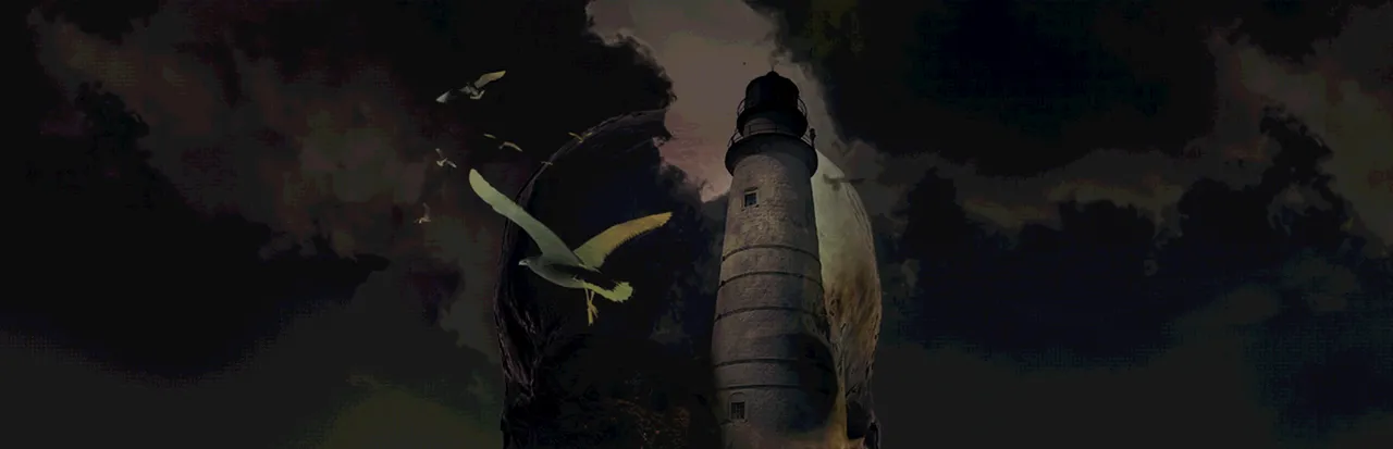 No one lives under the lighthouse key art: a white lighthouse under dark storm clouds with seagulls flying past