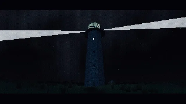 The lighthouse at night in low-poly 3D, its lamp lit and beams of light cutting across a dark sky
