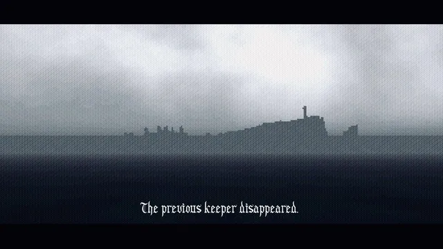The island seen from the sea under a grey sky, with the caption: The previous keeper disappeared