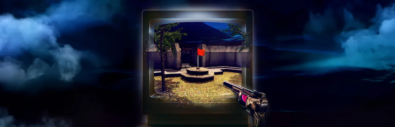 No Players Online key art: an old CRT monitor floating in dark clouds shows a courtyard map with a red flag, a pistol beside it