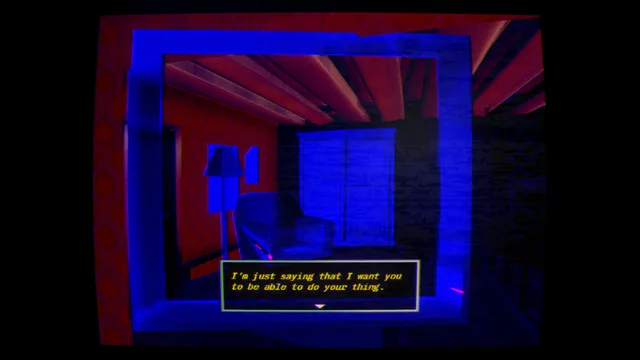 No Players Online screenshot: a blue-lit room with an armchair and lamp seen through a frame, with dialogue saying I want you to be able to do your thing