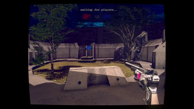 No Players Online screenshot: a CRT view of an empty capture-the-flag courtyard with trees and a blue flag, 'waiting for players' at the top