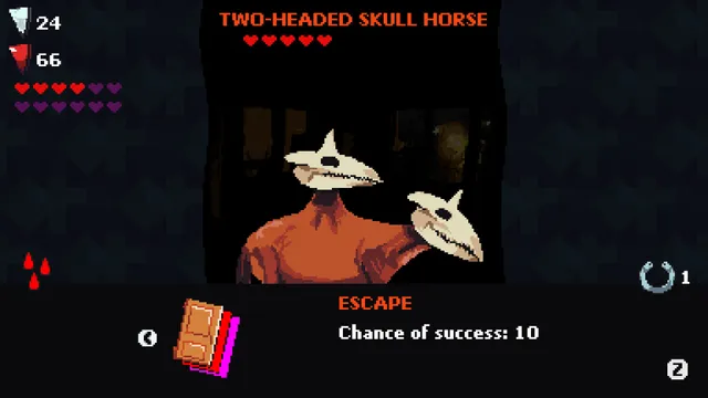 NO-SKIN fight screen: a two-headed skull horse against a dark photo background, with an escape option at 10% chance