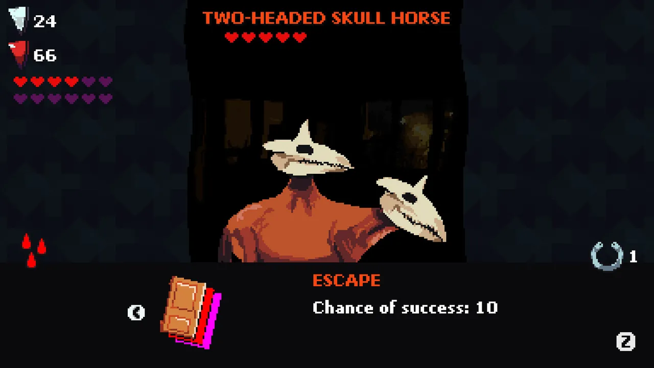NO-SKIN fight screen: a two-headed skull horse against a dark photo background, with an escape option at 10% chance