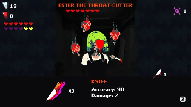 Ester the Throat-Cutter, a green-haired girl with a bloody knife surrounded by hanging hearts, faced with a knife