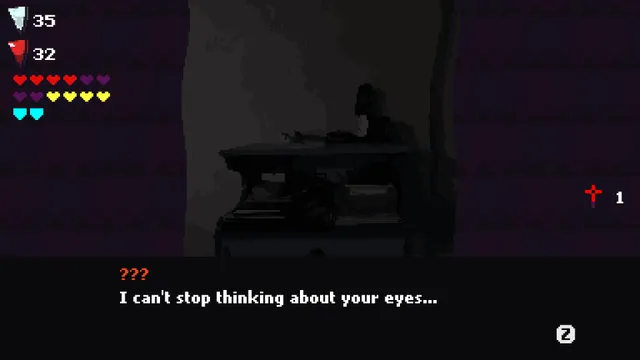 A dim photographed room with an unseen speaker saying I can't stop thinking about your eyes