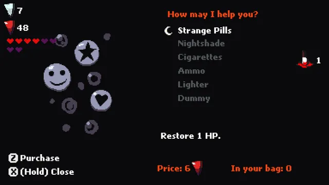 The shop menu offering strange pills, nightshade, cigarettes, ammo, a lighter and a dummy