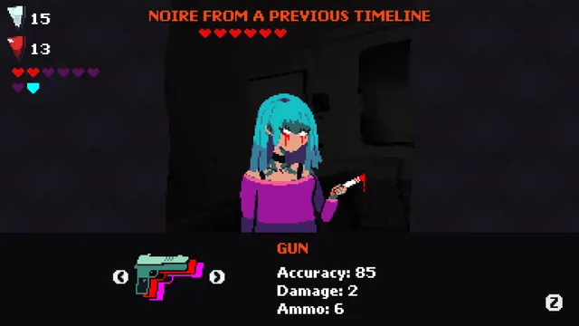 Noire from a previous timeline, a blue-haired girl with a bloody knife, faced with a gun in a dark room