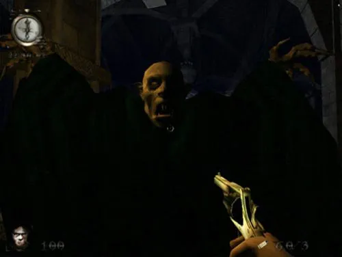 A pale, bald vampire in a black cloak spreads its clawed hands over the player's gold pistol
