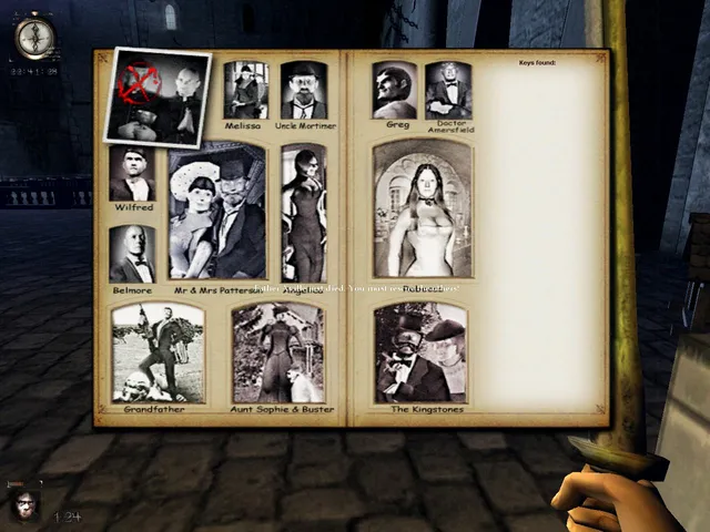 The family album screen with old photographs of the Pattersons and the other guests trapped in the castle