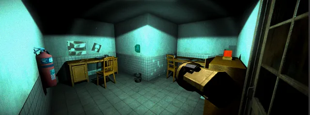 Not Alone: a flashlight in hand lights a tiled hospital office with desks, chairs, X-rays on the wall and a fire extinguisher
