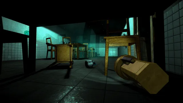 Not Alone: the view from hiding under a table, flashlight in hand, looking out at overturned chairs