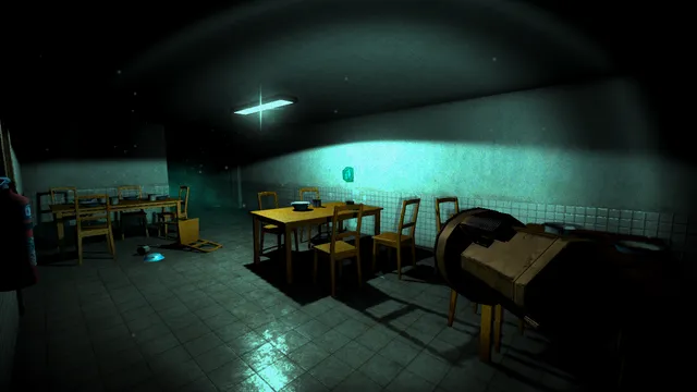 Not Alone: a dim hospital dining hall with tables, a fallen chair and a flickering strip light