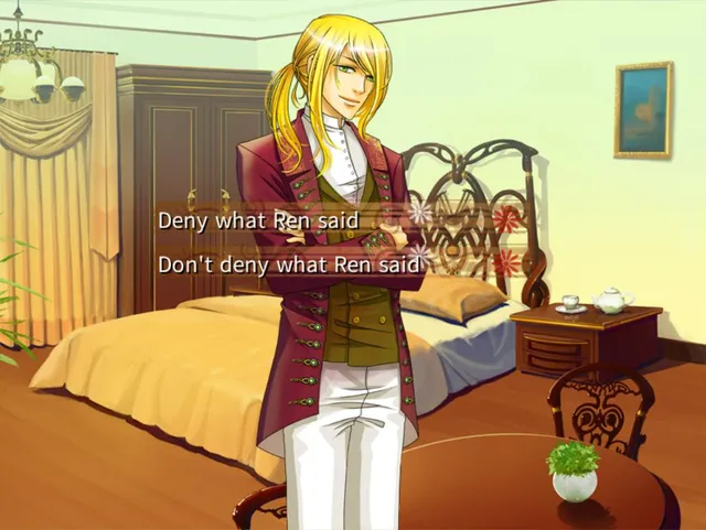 Notch screenshot: a choice between denying and not denying what Ren said, over a blonde man in a red coat in a bedroom