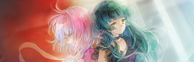Notch - The Innocent LunA key art: a pink-haired girl against a red glow and a green-haired girl in a black choker against pale light, back to back