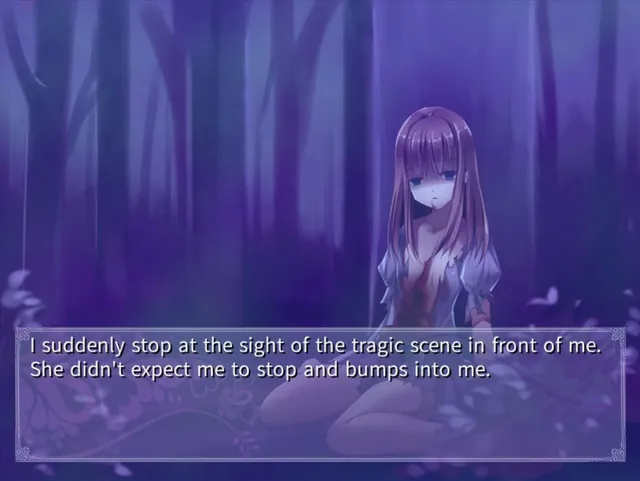 Notch screenshot: a girl with blood on her mouth and a torn, bloodied dress sits in a purple forest as the narrator stops at the tragic scene