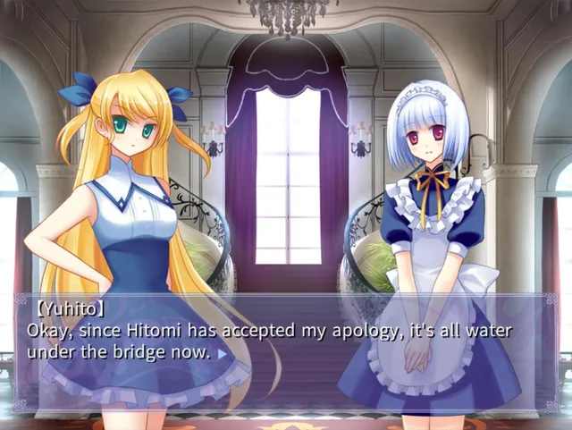 Notch screenshot: a blonde girl in blue and a maid with silver hair stand in a mansion hall while Yuhito apologises in the text box