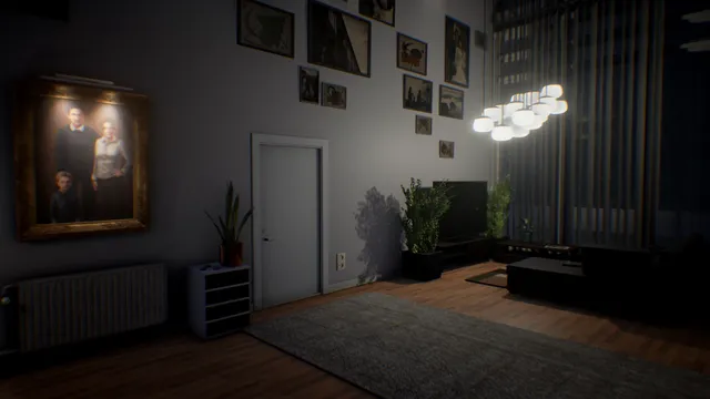 Notes of Obsession screenshot: a dim modern living room with a family portrait and framed pictures on the walls