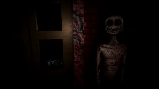 NOX TIMORE REMAKE: a pale, grinning creature with hollow eyes stands beside a door in a dark, blood-stained corridor