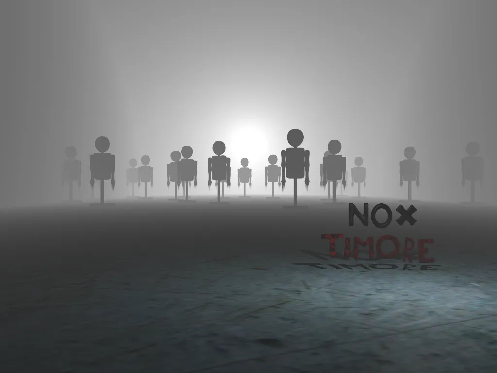 Nox Timore: rows of grey mannequins on poles standing in white fog, with the game's title on the floor