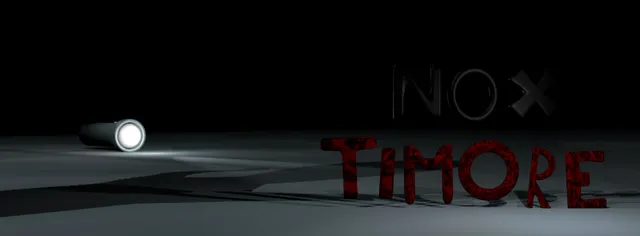 Nox Timore title art: a flashlight lying on a grey floor beside the words Nox Timore in black and red