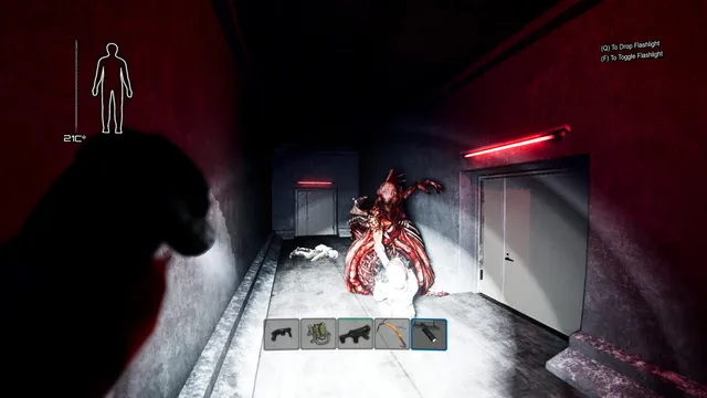 A red, fleshy creature looms over a body in a dim facility corridor, seen past a player's shoulder with a five-slot inventory bar