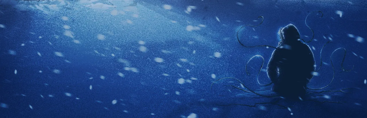 Nuclear Nightmare key art: a hooded figure in a parka sits in a snowstorm with black tentacles coiling around them