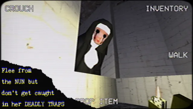Nun Massacre screenshot: the nun peers around a white corner with blood running from her eyes, the player holding a lit lighter