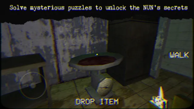 Nun Massacre screenshot: a bloody basin and a wardrobe in a grimy tiled room, with a caption about the nun's secrets