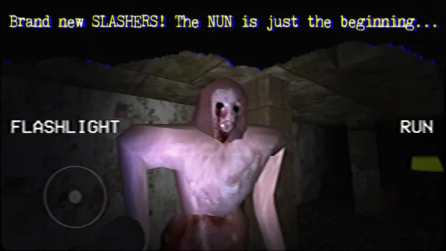 Nun Massacre screenshot: a pale, hooded killer with a bloody face looms in a stone cellar, from the Definitive Edition's new slashers
