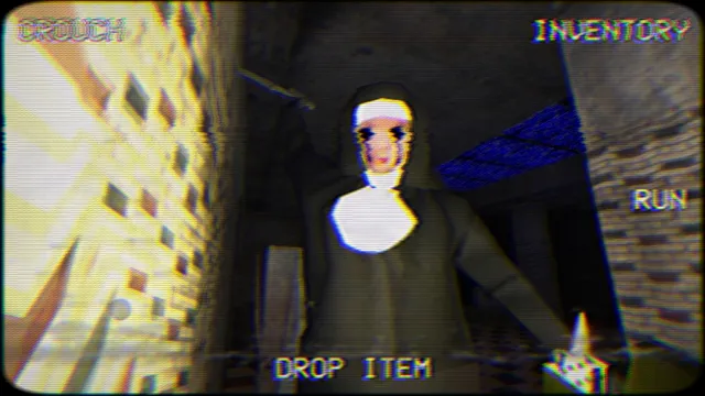Nun Massacre screenshot: the nun with bleeding eyes and a pale face steps out of a dark hallway toward the player, through a VHS filter