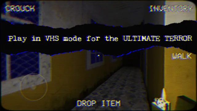 Nun Massacre screenshot: a yellow-walled school corridor seen through a glitchy VHS filter