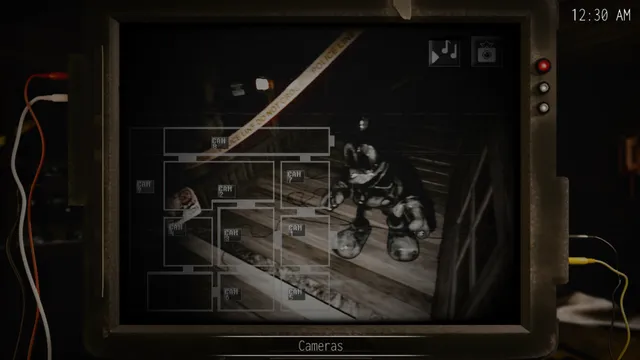 Oblitus Casa screenshot: a wired-up camera monitor at 12:30 AM showing a black-and-white cartoon mouse figure on a dusty floor