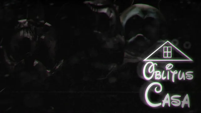 Oblitus Casa title art: dark, decayed cartoon faces in shadow beside the title under a house outline