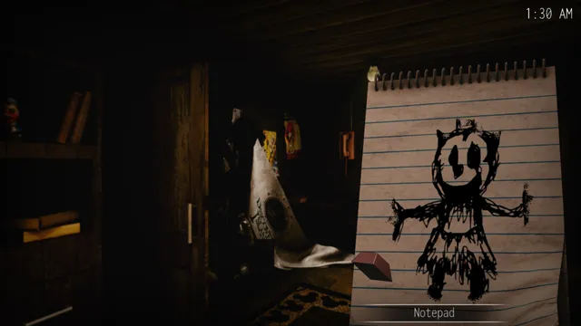 Oblitus Casa screenshot: a notepad with a child's scrawled drawing of a figure, held up in a dark wooden room at 1:30 AM