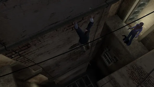 A student hanging from a pipe between buildings at night while another watches from a ledge