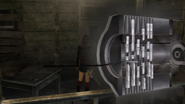 A student carrying a chainsaw beside a giant lock mechanism puzzle in a wooden room