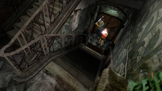 Obscure screenshot: two students with a flashlight and a baseball bat climb a dark, grimy school stairwell