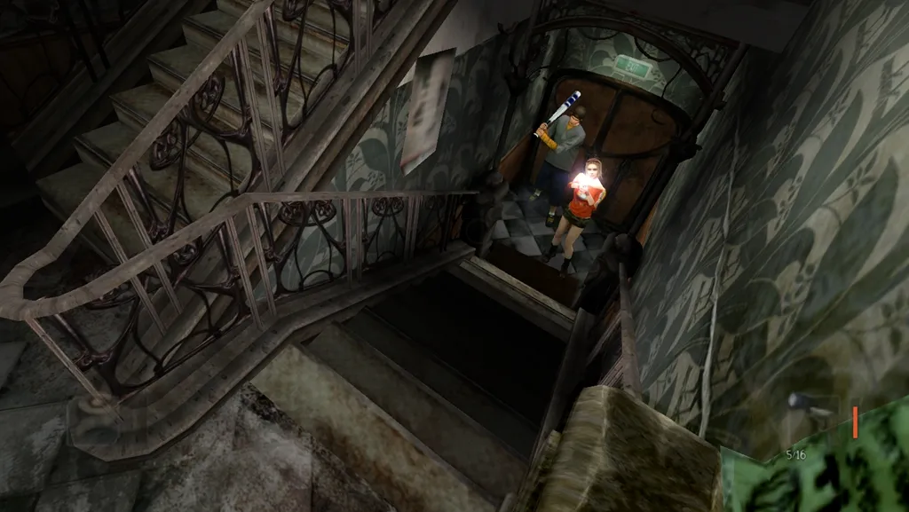 Obscure screenshot: two students with a flashlight and a baseball bat climb a dark, grimy school stairwell