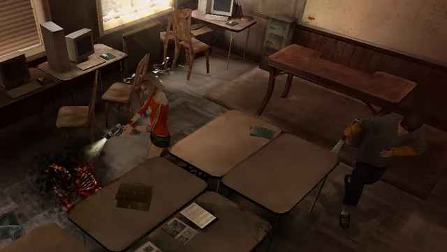 Obscure screenshot: students in a classroom, one aiming a flashlight at a dying creature on the floor