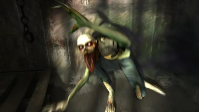 Obscure screenshot: a pale-faced, long-limbed creature lunges down a dark corridor